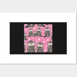 Folk Art Owls and Owlets with hearts on pink Posters and Art